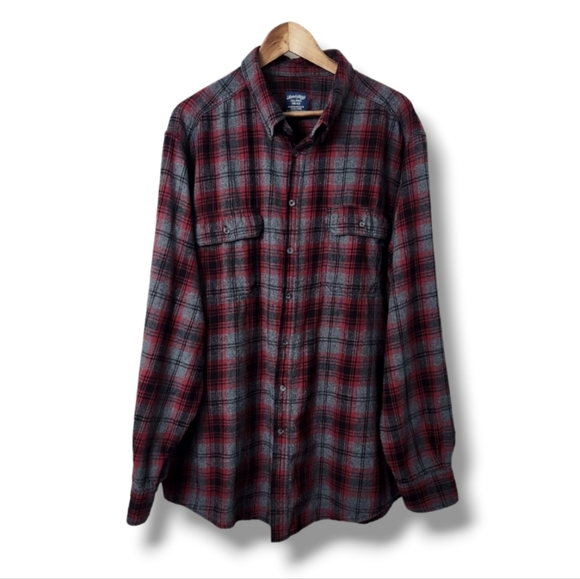 Faded Glory Burgundy and Gray Long Sleeve Button Down Plaid Flannel Shirt - Picture 1 of 9